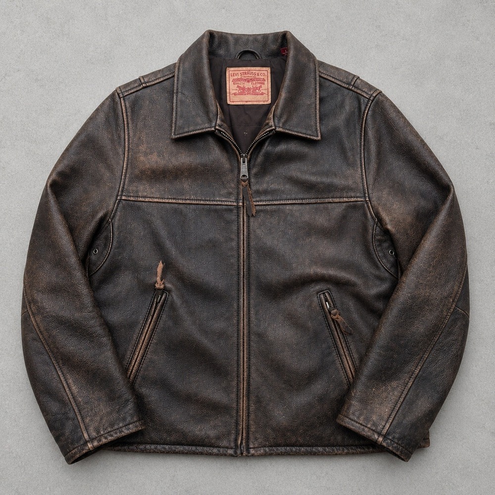 Levis Distressed Brown Leather Jacket Mens Large Full Zip Bomber y2k vintage